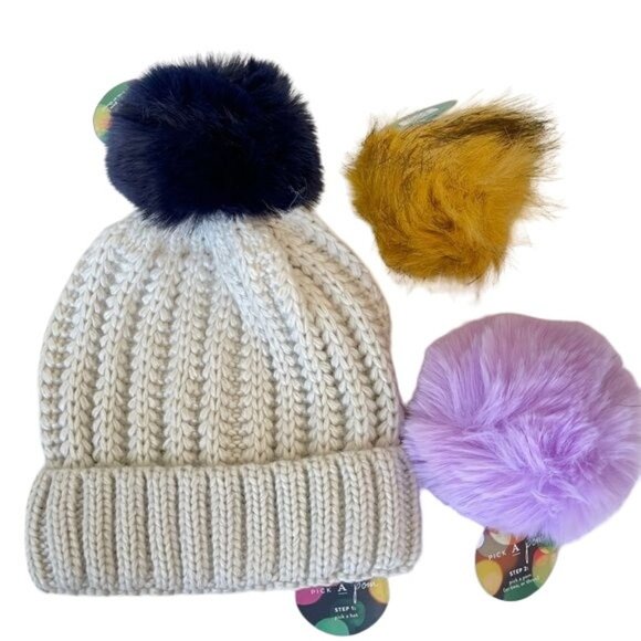 Anthropologie Pick A Pom Beanie Stocking Hat Ivory Set 3 Poms purple yellow NWT - Picture 1 of 4